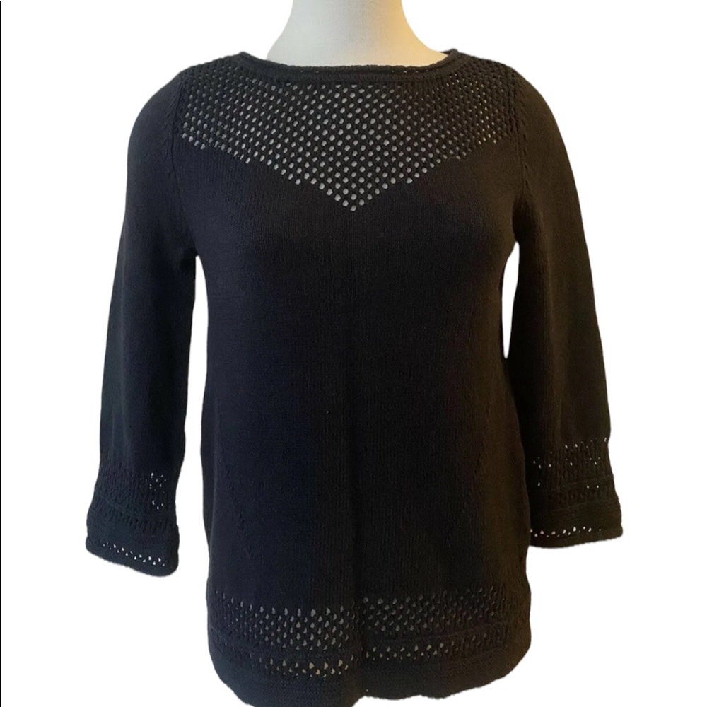 ANTHROPOLOGIE FIELD FLOWER Black Cotton Knit 3/4 Bell Sleeve Sweater Size Medium
